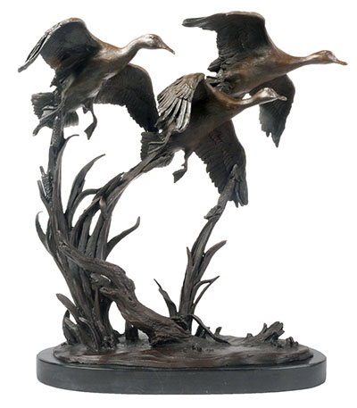 Geese Taking Off Hot Cast Bronze Sculpture On Marble Base
